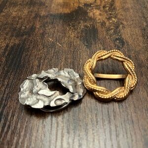 Vintage Scarf Clip Set Silver Nugget Gold Rope Twist Circle Costume Jewelry